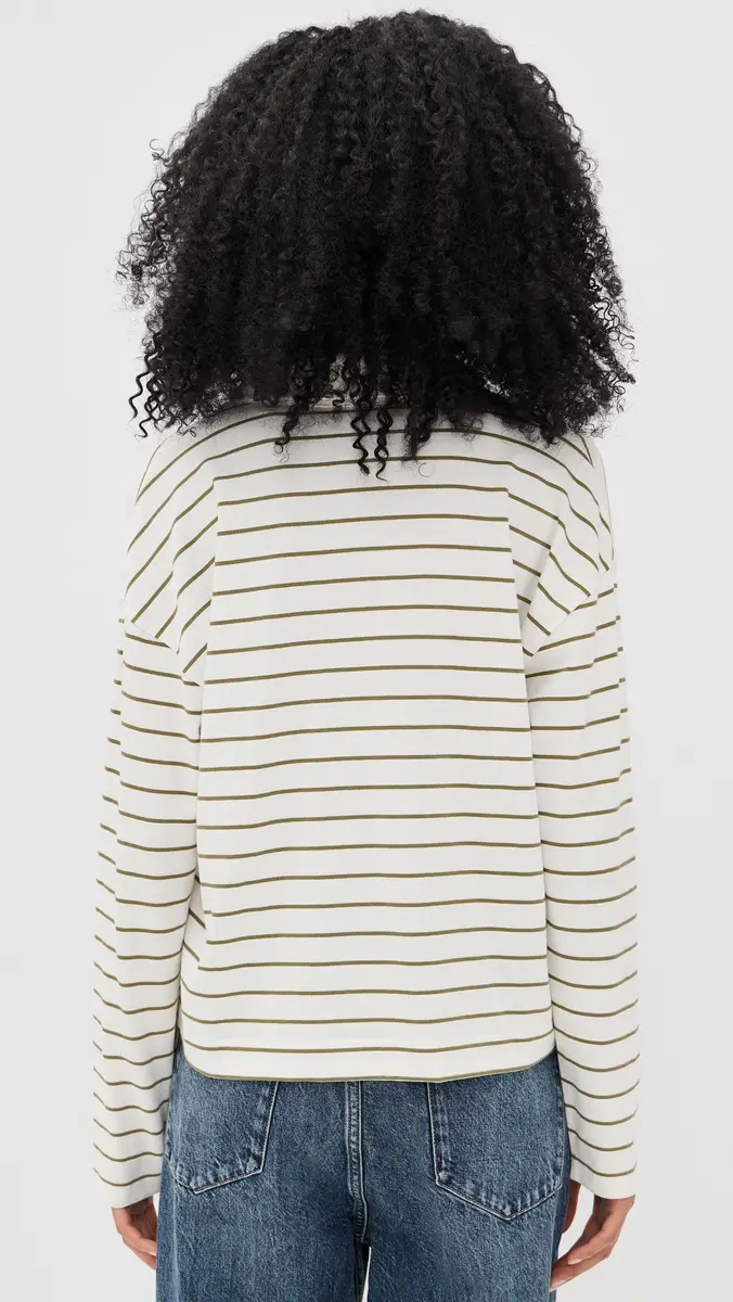 Vince Striped Easy Long Sleeve Polo Olive tone Combo | Thumbnail 3