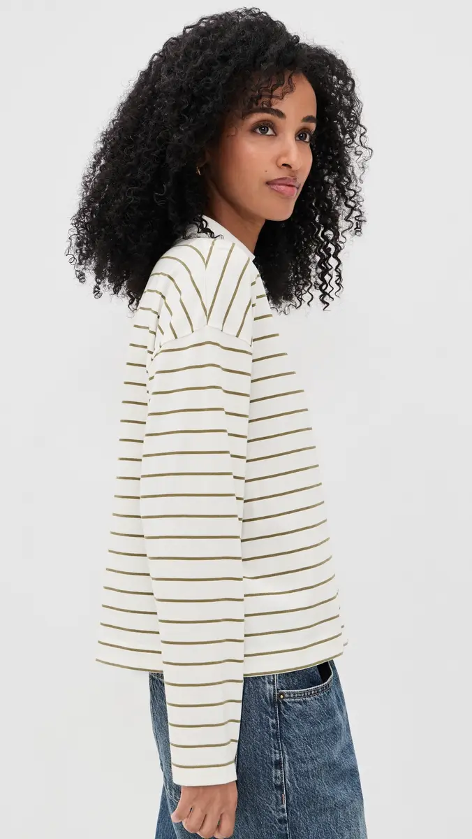 Vince Striped Easy Long Sleeve Polo Olive tone Combo | Thumbnail 4