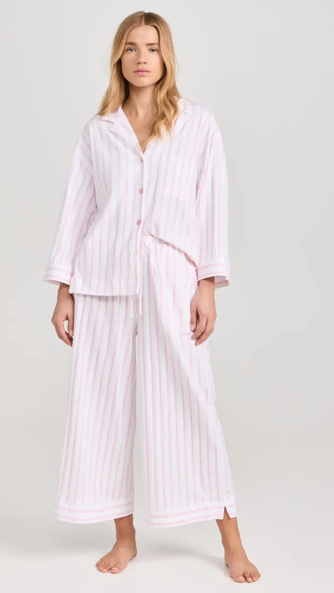 Petite Plume Women's Luxe Pink Stripe Wide Leg Pajama Set | Thumbnail 2 Petite Plume Women's Luxe Pink Stripe Wide Leg Pajama Set | Thumbnail 2