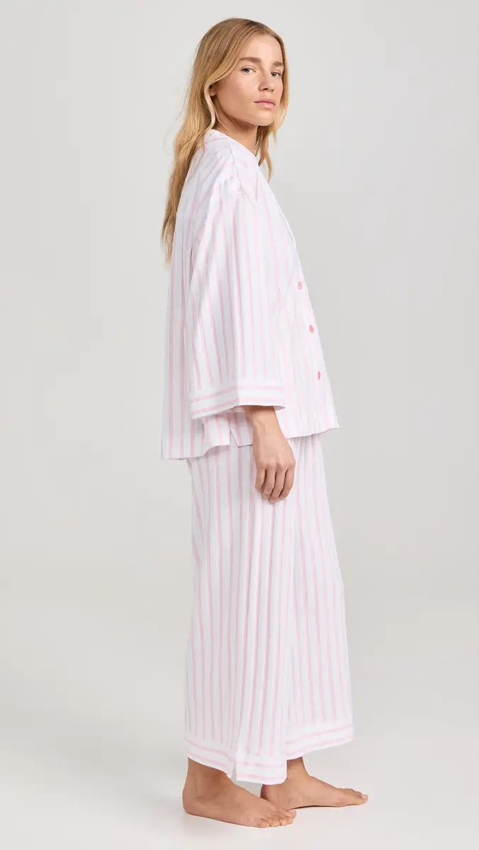 Petite Plume Women's Luxe Pink Stripe Wide Leg Pajama Set | Thumbnail 4 Petite Plume Women's Luxe Pink Stripe Wide Leg Pajama Set | Thumbnail 4