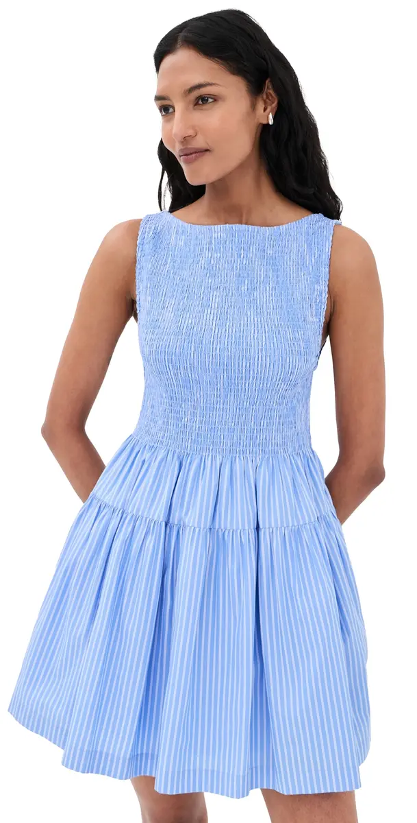 Hill House Home The Cosima Smocked Mini Dress Blue Stripe | Image 1 Hill House Home The Cosima Smocked Mini Dress Blue Stripe | Image 1