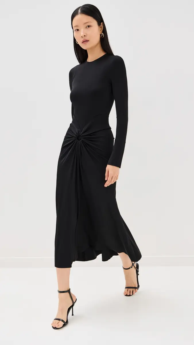 Victoria Beckham Long Sleeve Gathered Midi Dress | Thumbnail 2 Victoria Beckham Long Sleeve Gathered Midi Dress | Thumbnail 2