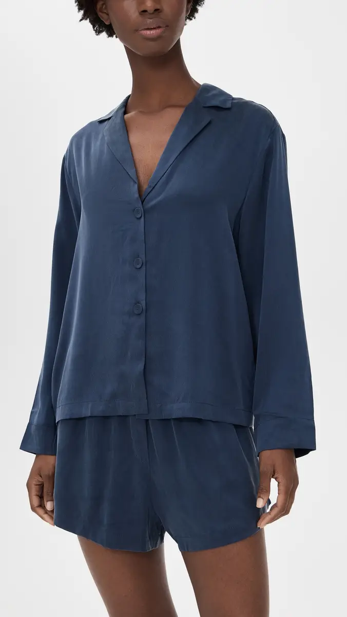 Lunya Long Sleeve ilk Button Up Shorts Set Deep Blue | Thumbnail 2 Lunya Long Sleeve ilk Button Up Shorts Set Deep Blue | Thumbnail 2