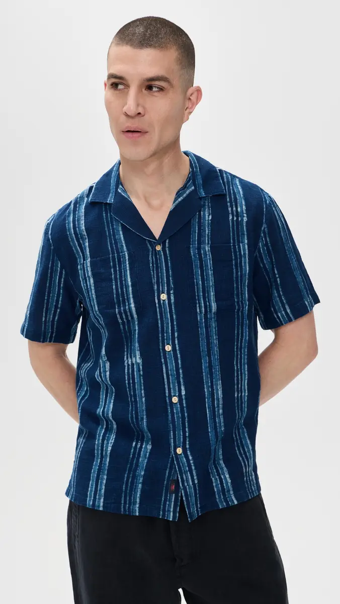 Faherty Short Sleeve Indigo Camp Shirt Northern Blue Indigo Stripe | Thumbnail 2 Faherty Short Sleeve Indigo Camp Shirt Northern Blue Indigo Stripe | Thumbnail 2