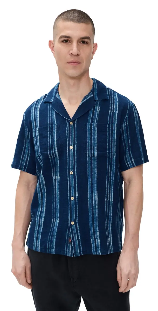 Faherty Short Sleeve Indigo Camp Shirt Northern Blue Indigo Stripe | Image 1 Faherty Short Sleeve Indigo Camp Shirt Northern Blue Indigo Stripe | Image 1