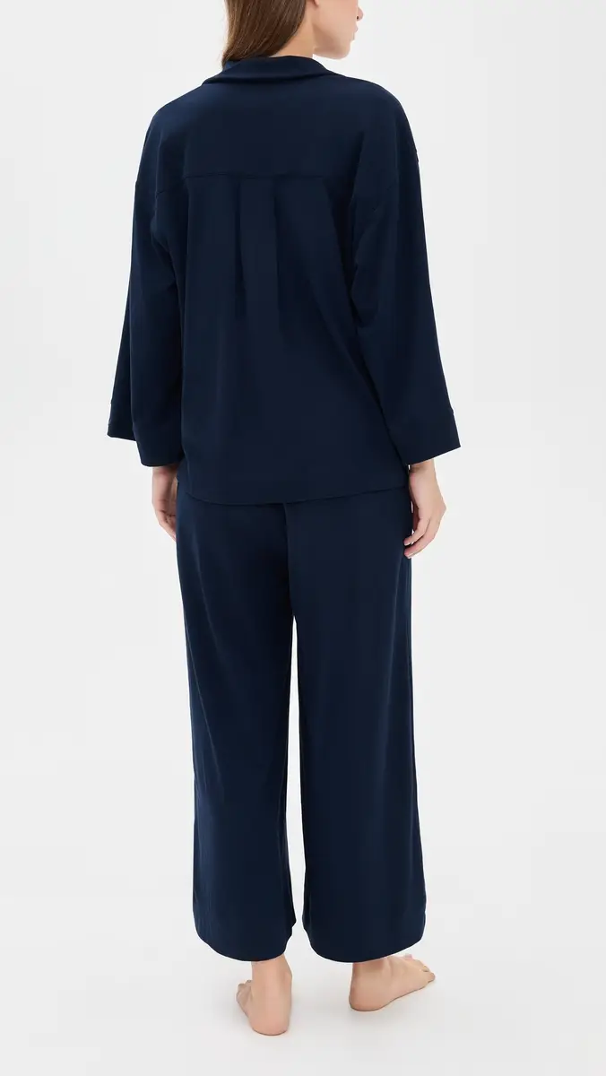 Petite Plume Pima Cotton Navy Wide Leg Pajama Set | Thumbnail 3