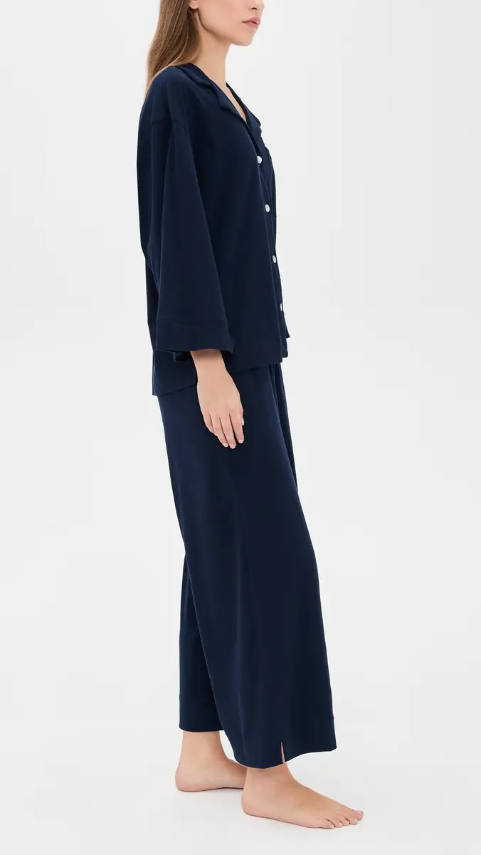Petite Plume Pima Cotton Navy Wide Leg Pajama Set | Thumbnail 4