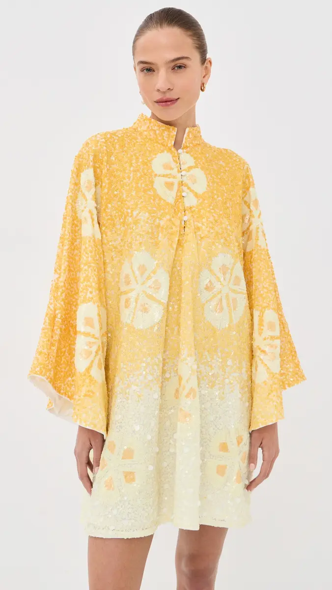 La Vie Style House Sequin Hawaiian Flower Mini Caftan Yellow & White One Size | Thumbnail 2 La Vie Style House Sequin Hawaiian Flower Mini Caftan Yellow & White One Size | Thumbnail 2