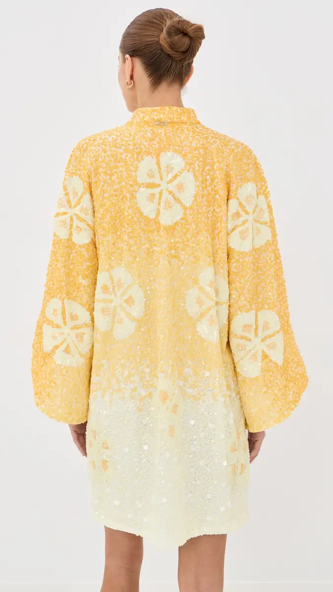 La Vie Style House Sequin Hawaiian Flower Mini Caftan Yellow & White One Size | Thumbnail 3 La Vie Style House Sequin Hawaiian Flower Mini Caftan Yellow & White One Size | Thumbnail 3