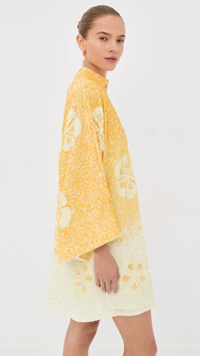 La Vie Style House Sequin Hawaiian Flower Mini Caftan Yellow & White One Size | Thumbnail 4 La Vie Style House Sequin Hawaiian Flower Mini Caftan Yellow & White One Size | Thumbnail 4