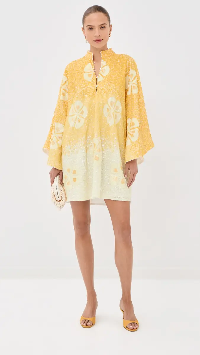 La Vie Style House Sequin Hawaiian Flower Mini Caftan Yellow & White One Size | Thumbnail 5 La Vie Style House Sequin Hawaiian Flower Mini Caftan Yellow & White One Size | Thumbnail 5