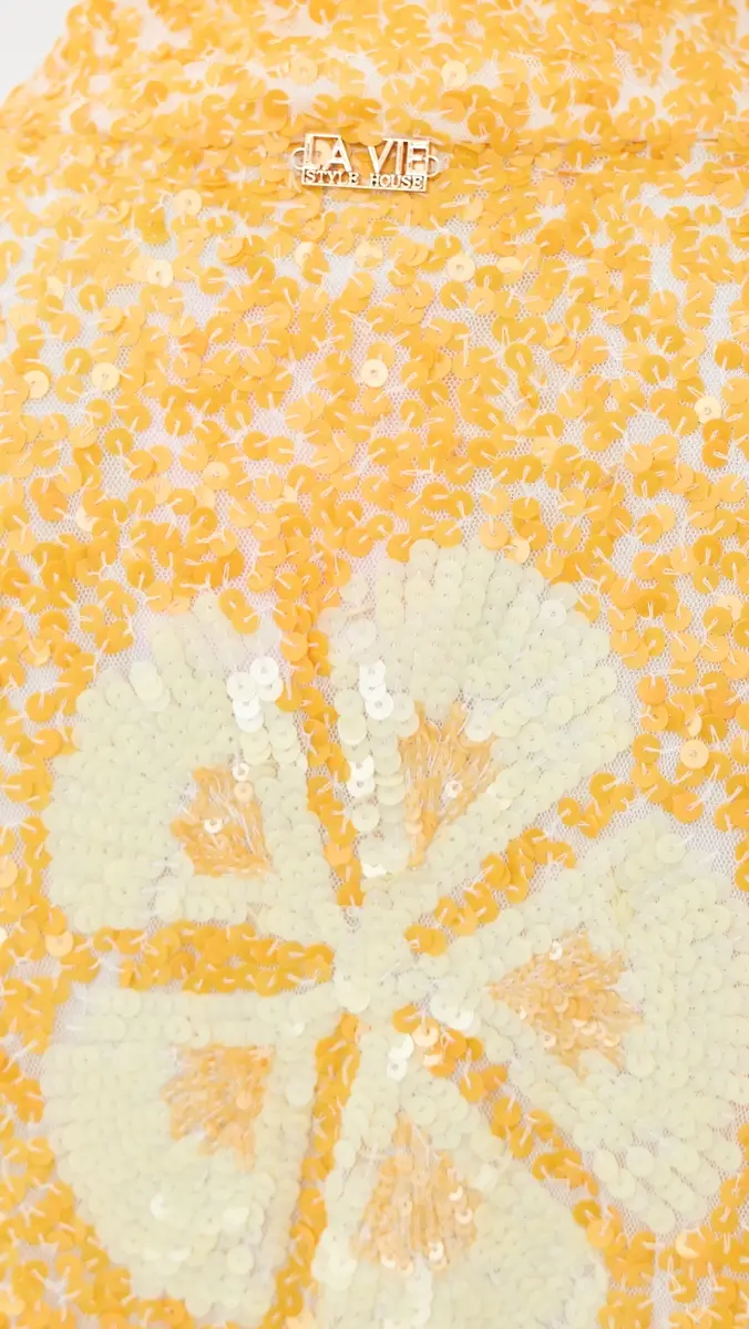 La Vie Style House Sequin Hawaiian Flower Mini Caftan Yellow & White One Size | Thumbnail 6 La Vie Style House Sequin Hawaiian Flower Mini Caftan Yellow & White One Size | Thumbnail 6