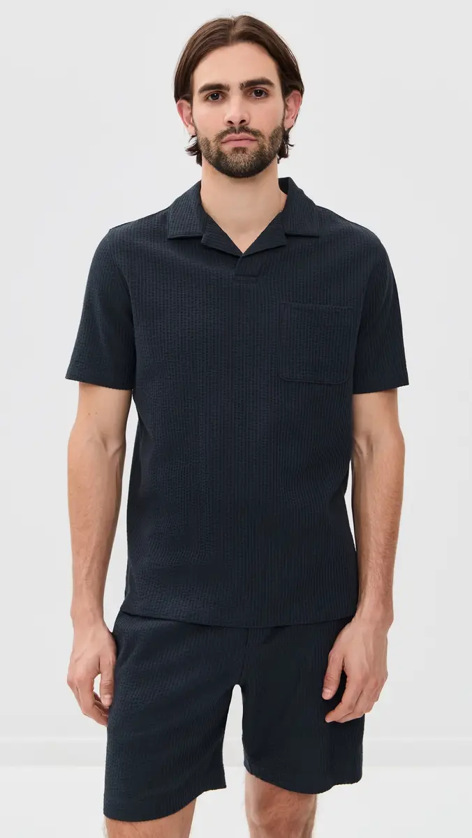 Vince Seersucker Knit Short Sleeve Johnny Collar Coastal | Thumbnail 2 Vince Seersucker Knit Short Sleeve Johnny Collar Coastal | Thumbnail 2