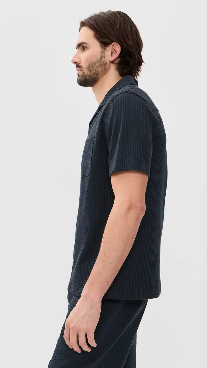 Vince Seersucker Knit Short Sleeve Johnny Collar Coastal | Thumbnail 4 Vince Seersucker Knit Short Sleeve Johnny Collar Coastal | Thumbnail 4