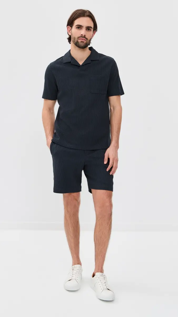 Vince Seersucker Knit Short Sleeve Johnny Collar Coastal | Thumbnail 5 Vince Seersucker Knit Short Sleeve Johnny Collar Coastal | Thumbnail 5