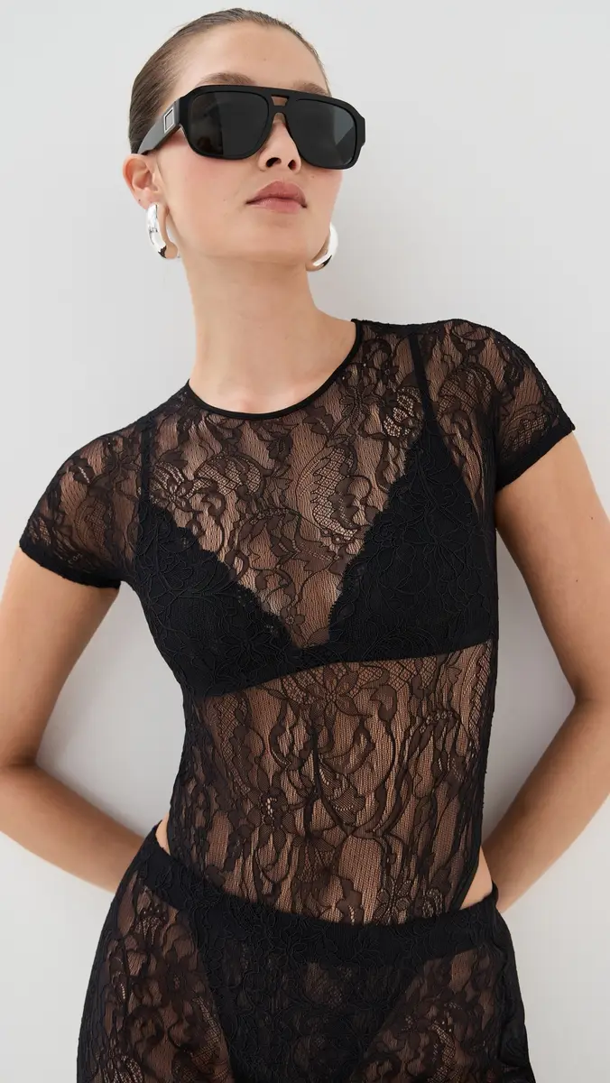 WARDROBE.NYC WARDROBE. NYC Lace Cap Sleeve Thong Bodysuit Black | Thumbnail 2 WARDROBE.NYC WARDROBE. NYC Lace Cap Sleeve Thong Bodysuit Black | Thumbnail 2
