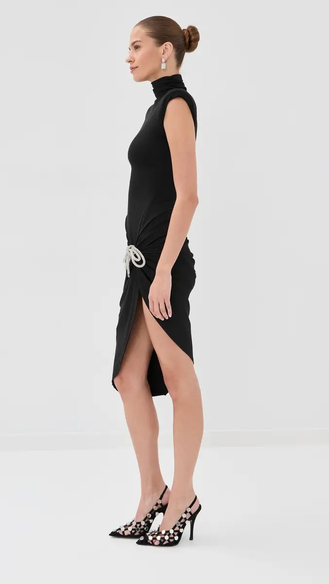 AREA Crystal Knot Draped Midi Dress Black | Thumbnail 4