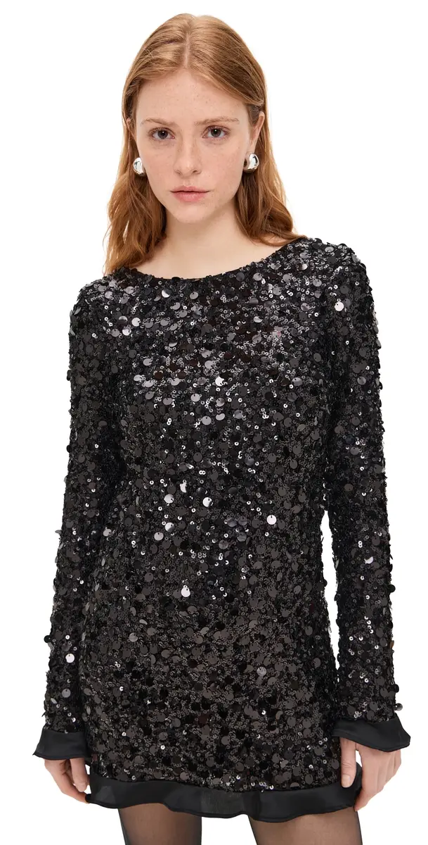 Show Me Your Mumu Maddison Ruffle Dress Black Metallic equins | Image 1 Show Me Your Mumu Maddison Ruffle Dress Black Metallic equins | Image 1