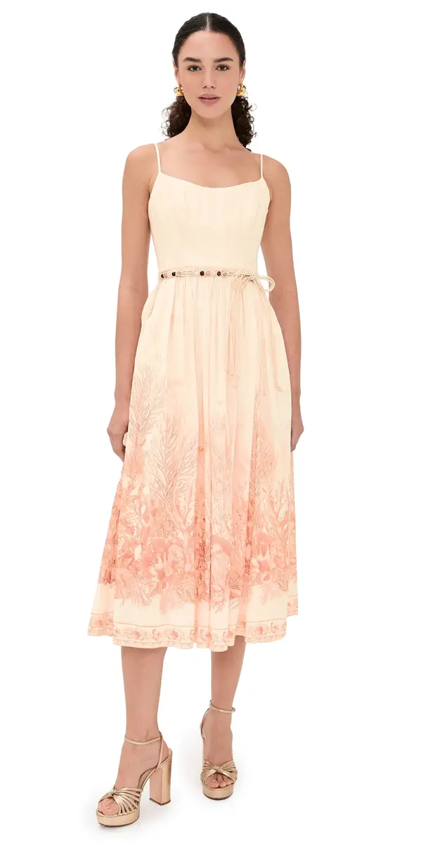 Zimmermann Wanderlust Corset Midi Dress Coral Toile | Image 1 Zimmermann Wanderlust Corset Midi Dress Coral Toile | Image 1