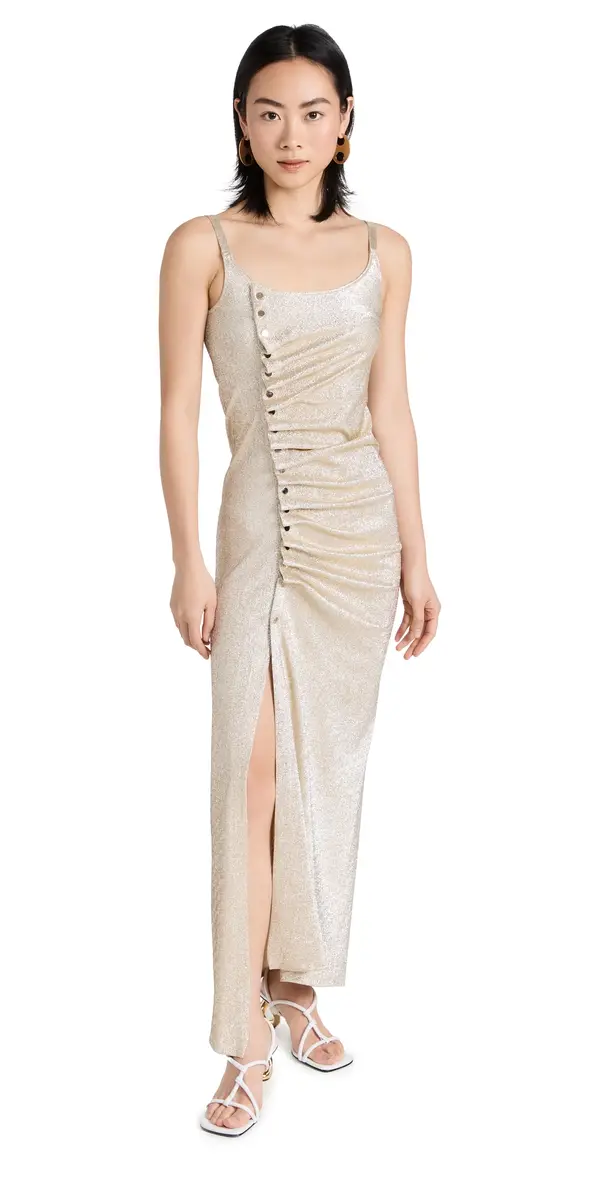 rabanne Draped Midi Dress In Jersey Silver/Gold | Image 1 rabanne Draped Midi Dress In Jersey Silver/Gold | Image 1