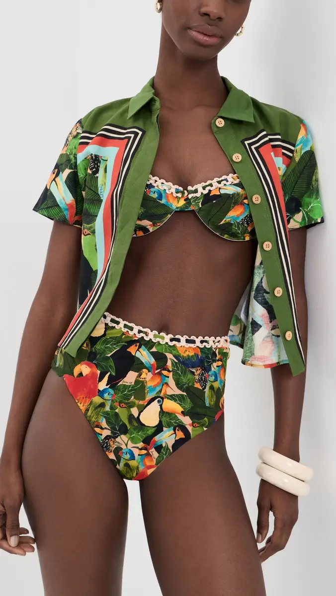 Farm Rio Bird Leaves High Waisted Bikini Bottoms Bird Leaves Sand | Thumbnail 4 Farm Rio Bird Leaves High Waisted Bikini Bottoms Bird Leaves Sand | Thumbnail 4