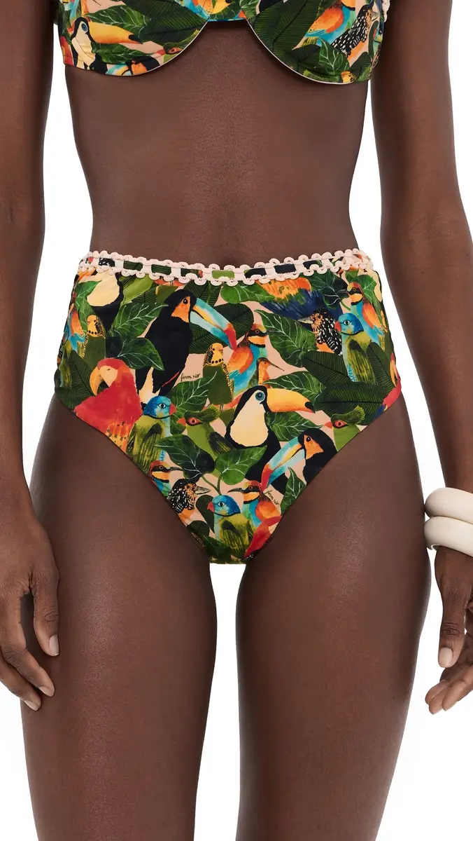 Farm Rio Bird Leaves High Waisted Bikini Bottoms Bird Leaves Sand | Thumbnail 6 Farm Rio Bird Leaves High Waisted Bikini Bottoms Bird Leaves Sand | Thumbnail 6