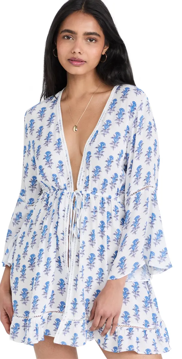 Playa Lucila Mini Border Print Kimono Coverup Dress Blue Border Print | Image 1 Playa Lucila Mini Border Print Kimono Coverup Dress Blue Border Print | Image 1