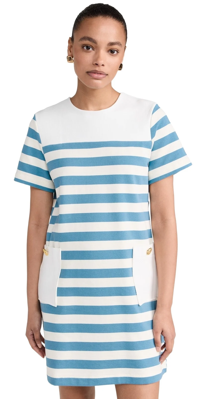 Striped Dress with Patch Pockets White/Blue Striped Dress with Patch Pockets White/Blue
