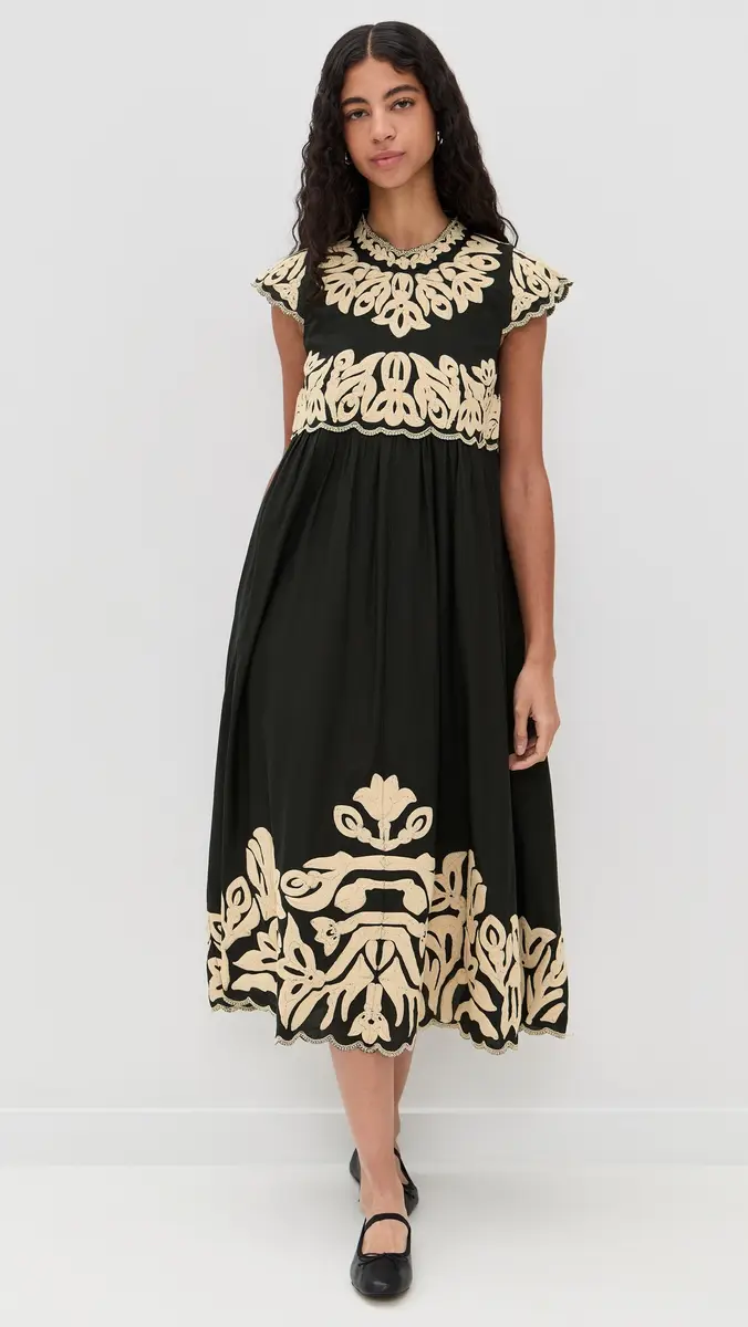 Sea Alexandra Embroidery Cap Sleeve Midi Dress Black | Thumbnail 2 Sea Alexandra Embroidery Cap Sleeve Midi Dress Black | Thumbnail 2