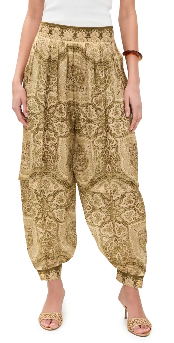 Zimmermann Luna Satin Balloon Pants Olive Perla Paisley | Image 1 Zimmermann Luna Satin Balloon Pants Olive Perla Paisley | Image 1