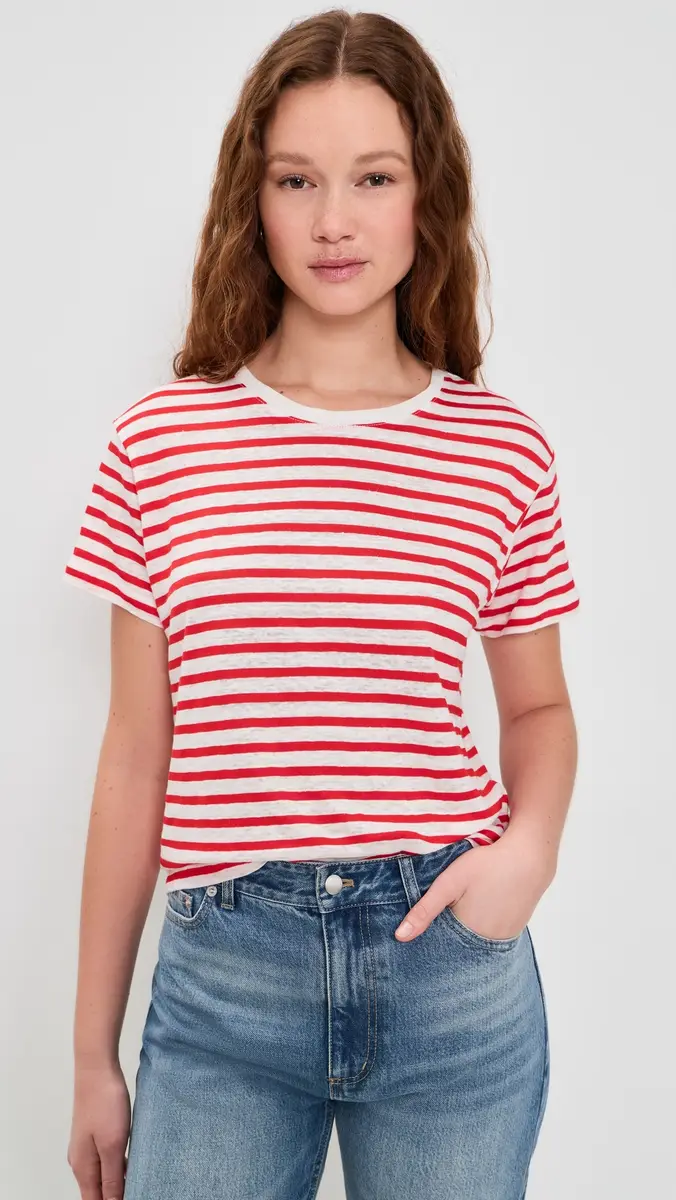 Alex Mill Garcon Striped Tee In Linen Cotton Off White/Tomato | Thumbnail 2 Alex Mill Garcon Striped Tee In Linen Cotton Off White/Tomato | Thumbnail 2