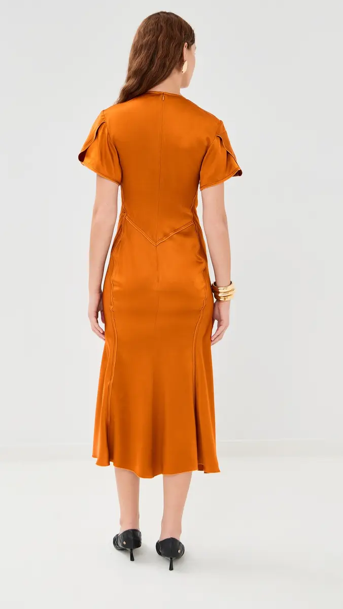 Victoria Beckham Gathered V Neck Midi Dress Bronze | Thumbnail 3 Victoria Beckham Gathered V Neck Midi Dress Bronze | Thumbnail 3