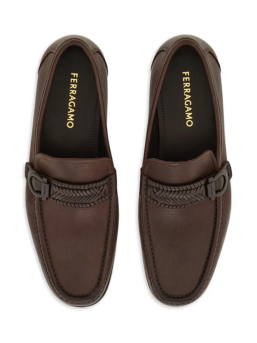 FERRAGAMO Men's Caspian Braided-Strap Leather Loafers - Nero | Thumbnail 3
