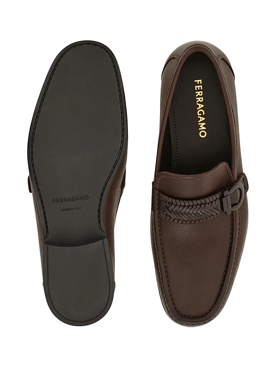 FERRAGAMO Men's Caspian Braided-Strap Leather Loafers - Nero | Thumbnail 4
