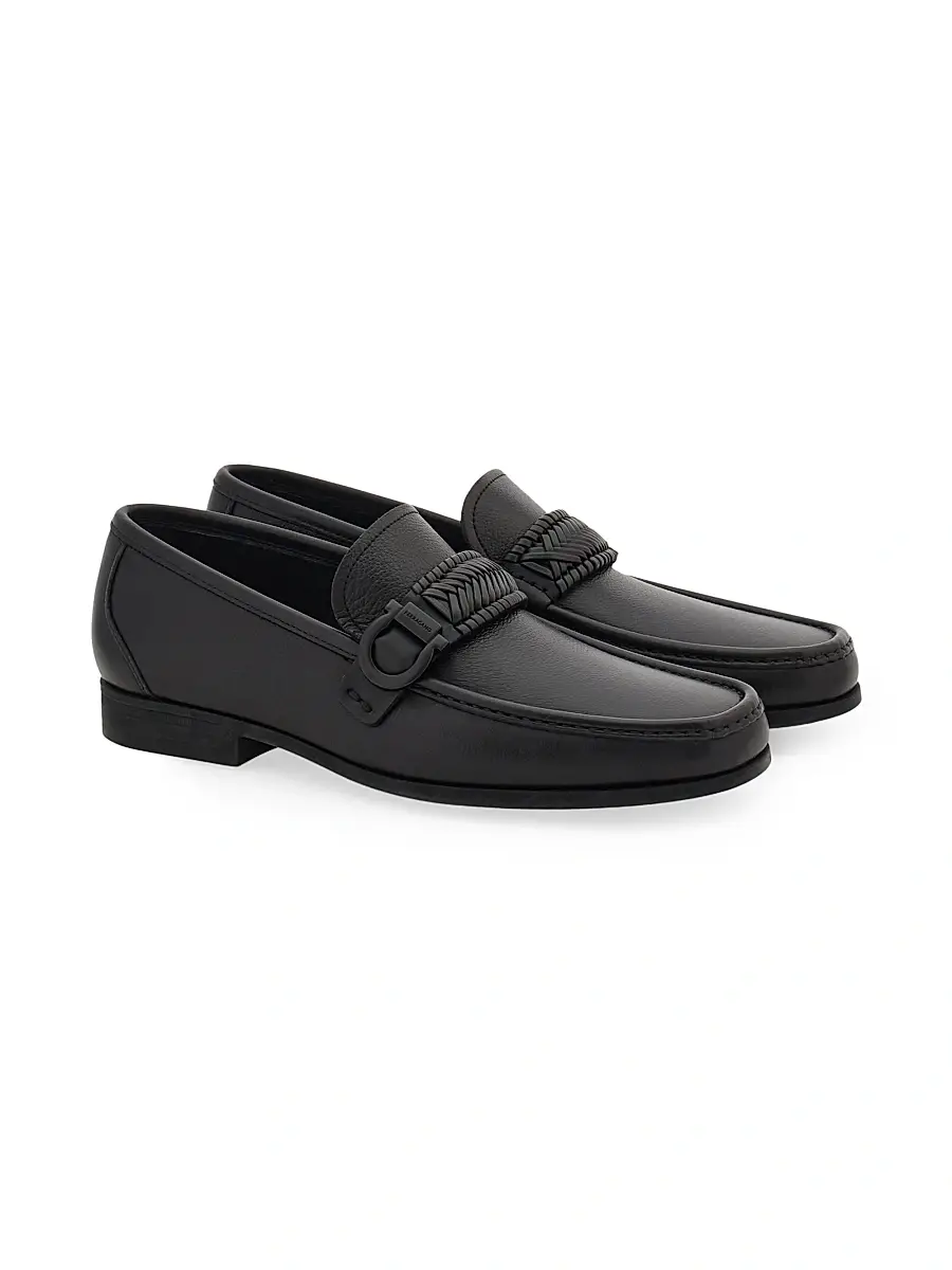 FERRAGAMO Men's Caspian Braided-Strap Leather Loafers - Nero | Thumbnail 7