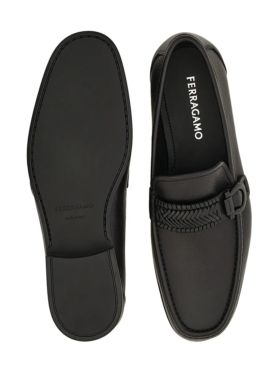 FERRAGAMO Men's Caspian Braided-Strap Leather Loafers - Nero | Thumbnail 9