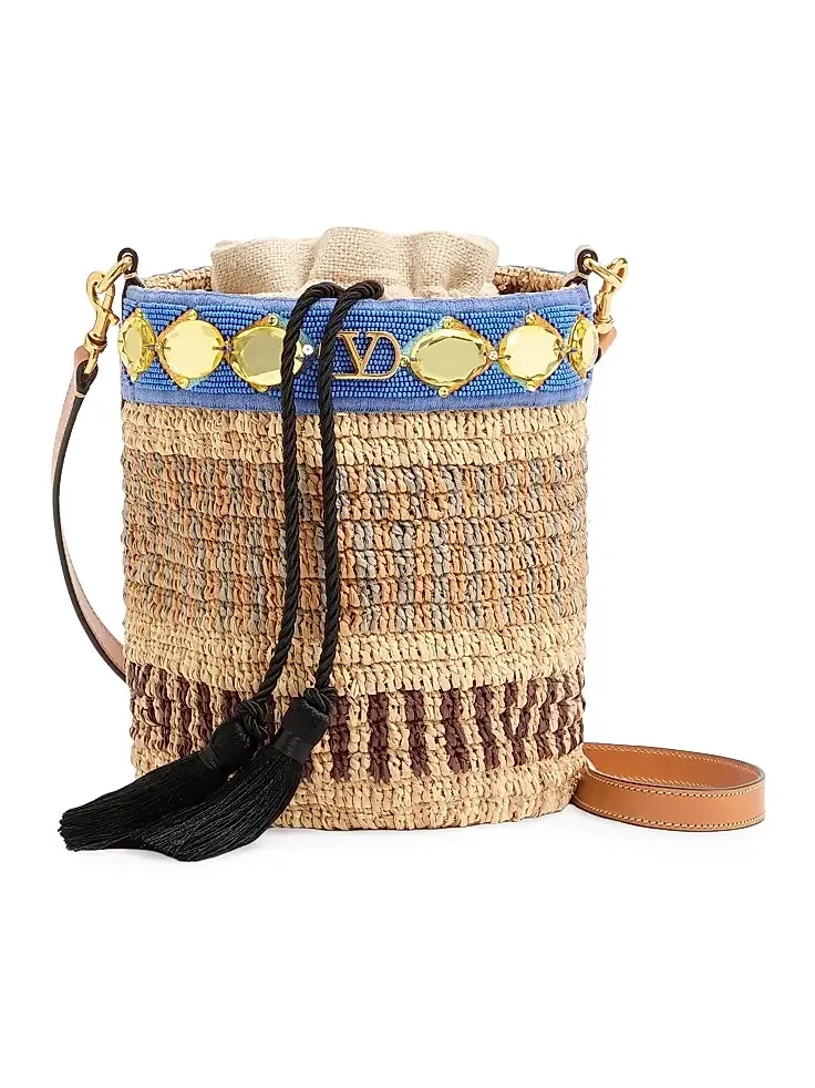 Women's Small Embroidered Bucket Bag in Raffia - Natural