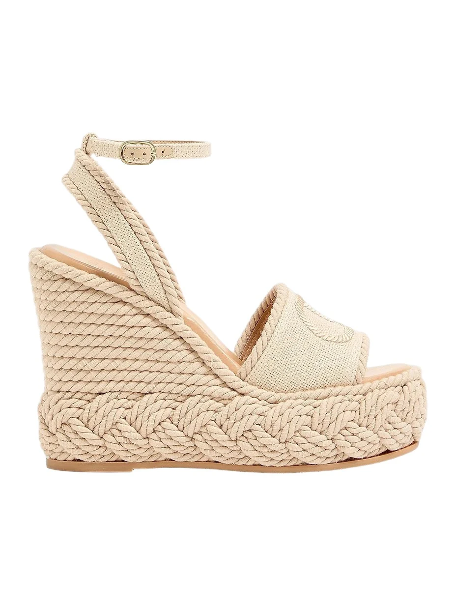Valentino Women's VLogo 130MM Torchon Wedge Sandals in Linen Canvas - Ecru