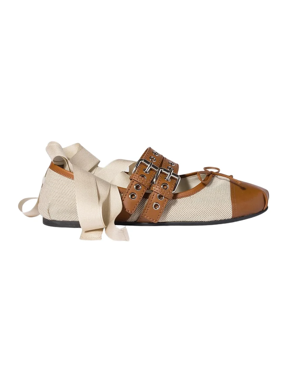 Miu Miu Women's Canvas and Leather Ballerinas - Beige Khaki