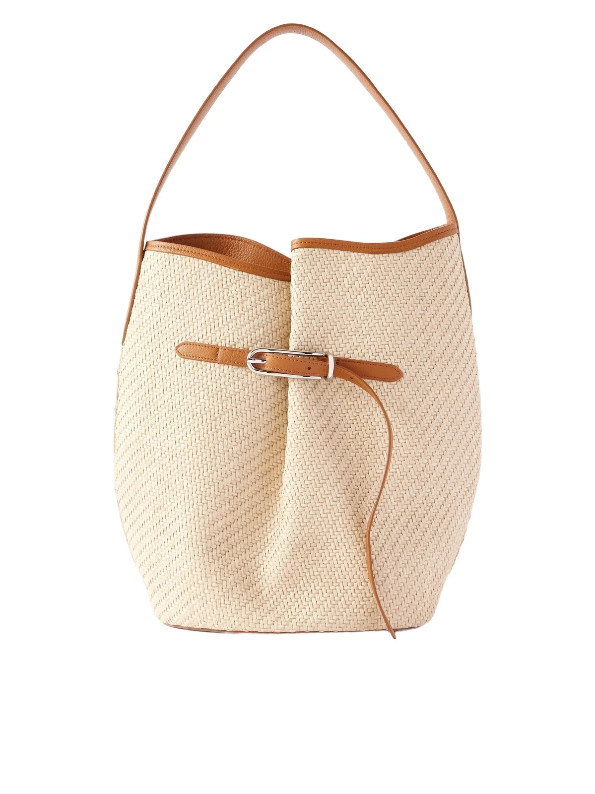 Buckled Leather-trimmed Woven Raffia Shoulder Bag Buckled Leather-trimmed Woven Raffia Shoulder Bag