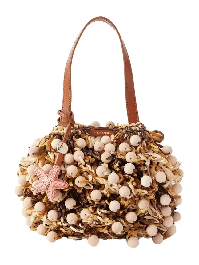 Pom Pom Leather-trimmed Beaded Woven Raffia Mini Bag
