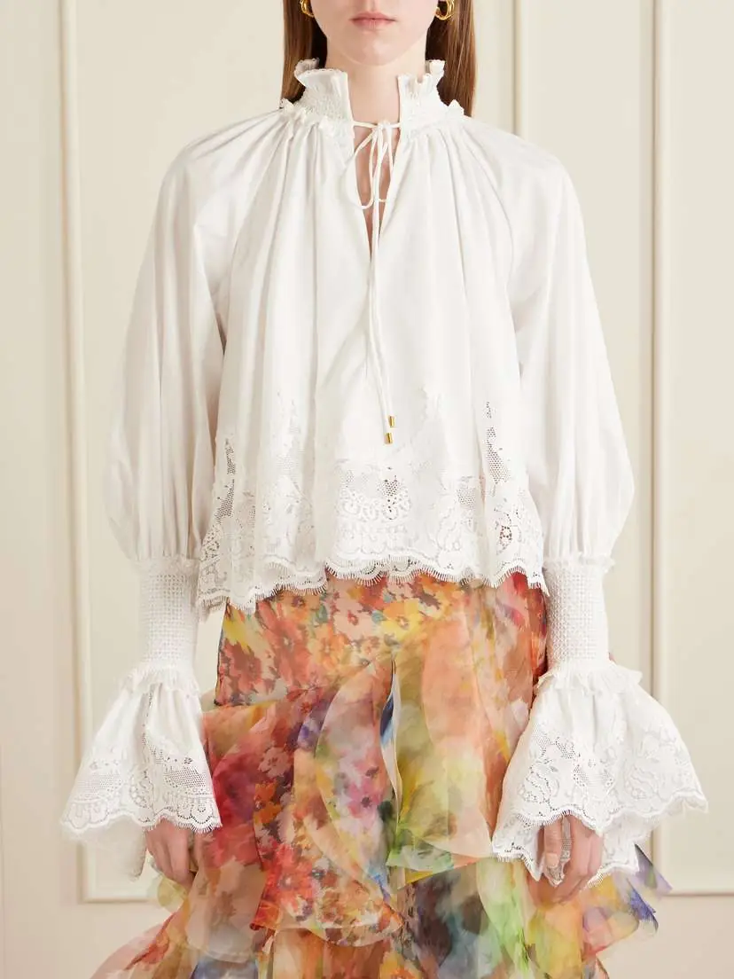 Zimmermann Lace-trimmed Shirred Cotton Blouse | Thumbnail 3