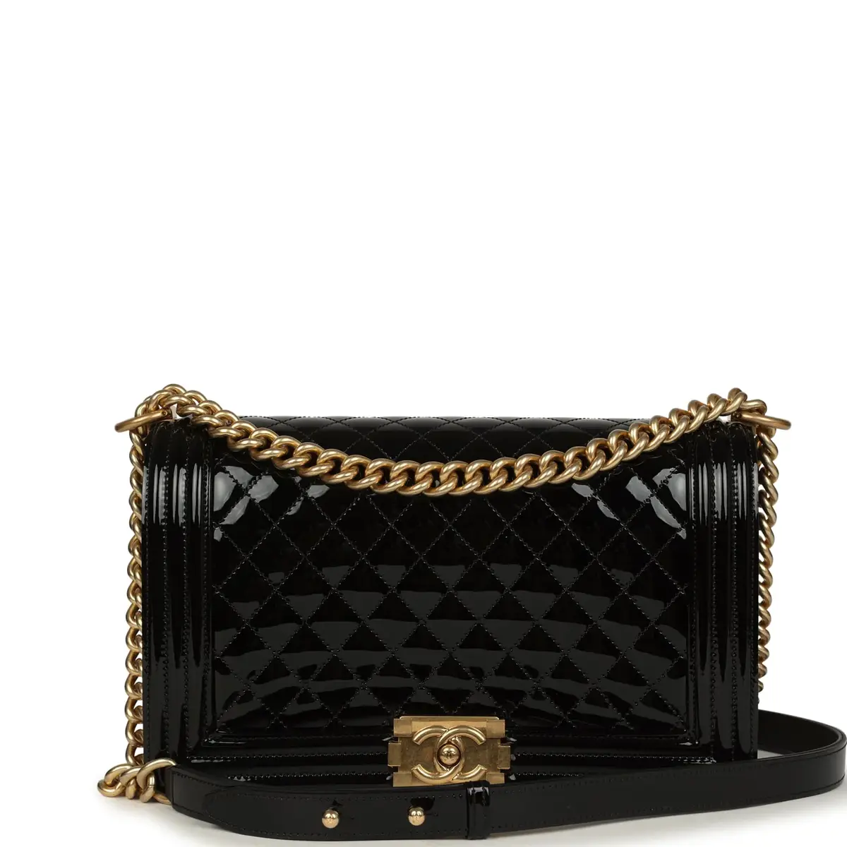 Chanel Chanel Medium Boy Bag Black Patent Antique Gold Hardware | Image 1 Chanel Chanel Medium Boy Bag Black Patent Antique Gold Hardware | Image 1