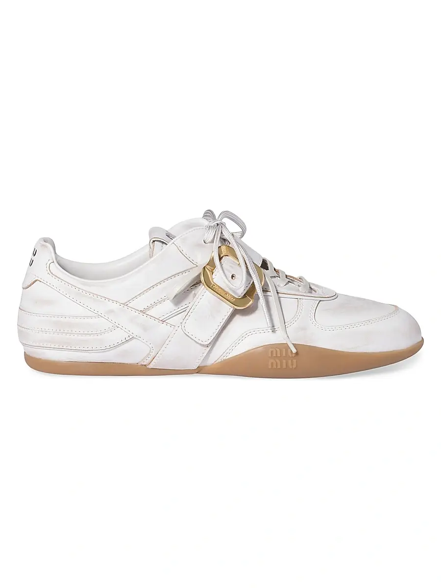 Miu Miu Women's Gymnasium Leather Sneakers with Strap and Buckle - White | Image 1 Miu Miu Women's Gymnasium Leather Sneakers with Strap and Buckle - White | Image 1