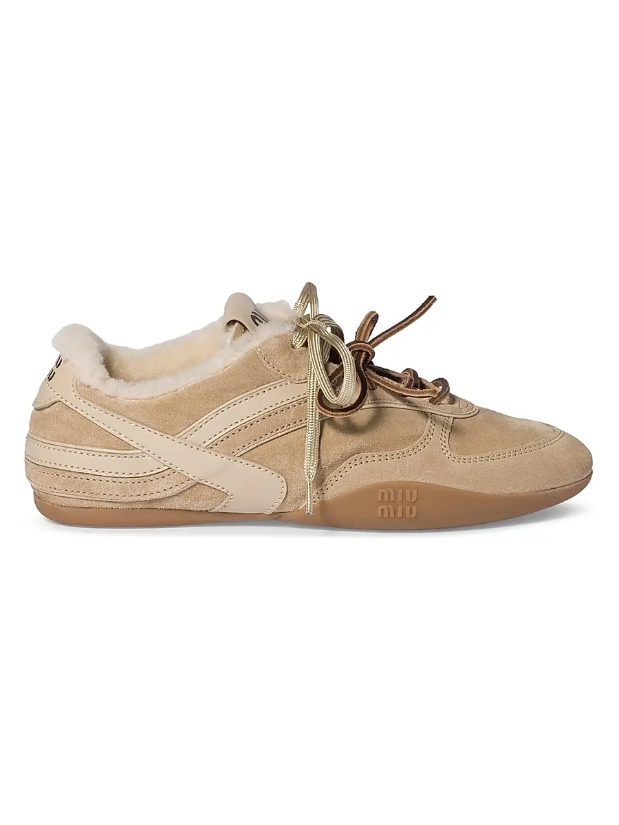 Miu Miu Women's Gymnasium Suede and Shearling Sneakers - Beige Khaki | Image 1 Miu Miu Women's Gymnasium Suede and Shearling Sneakers - Beige Khaki | Image 1