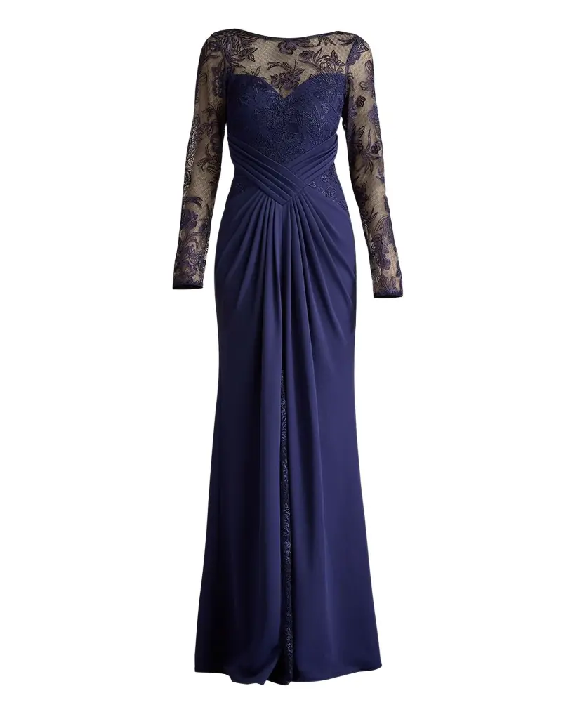 Tadashi Shoji Pleated Crepe & Embroidered Lace Gown | Image 1 Tadashi Shoji Pleated Crepe & Embroidered Lace Gown | Image 1