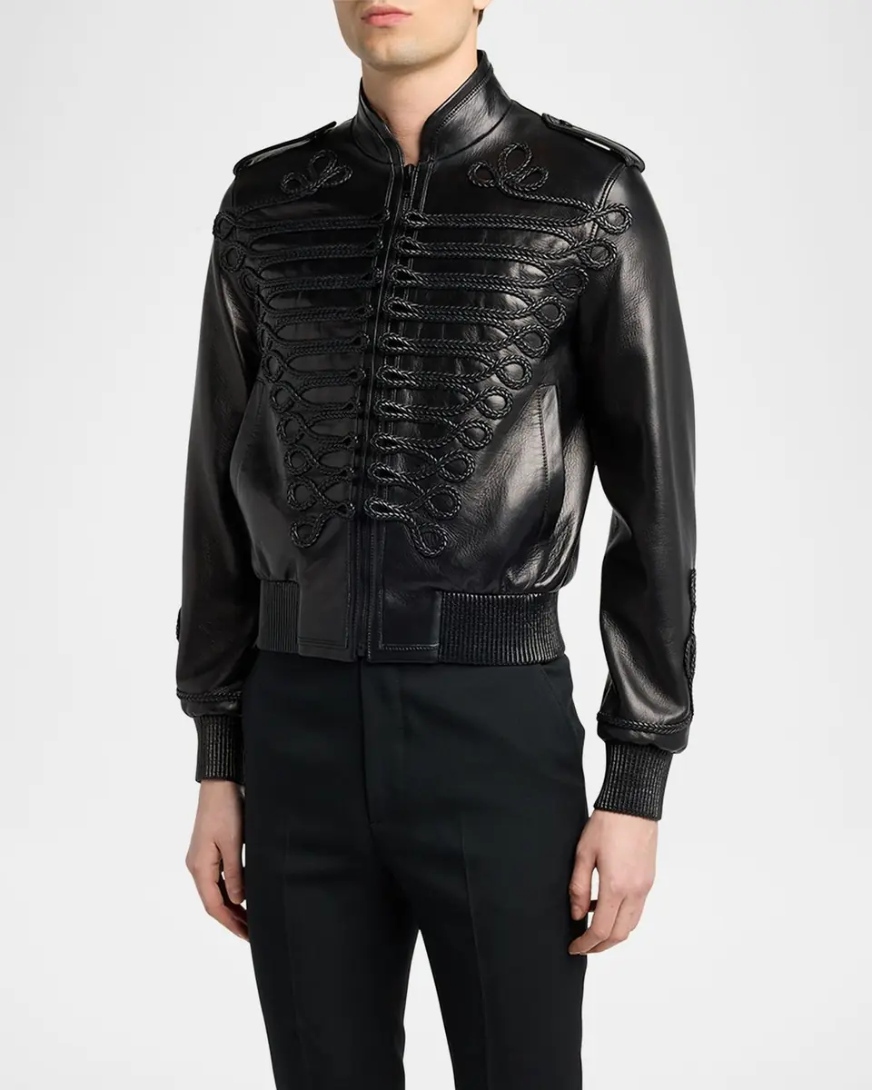 Alexander McQueen Men's Blather Frogging Embroidered Leather Jacket | Thumbnail 3 Alexander McQueen Men's Blather Frogging Embroidered Leather Jacket | Thumbnail 3