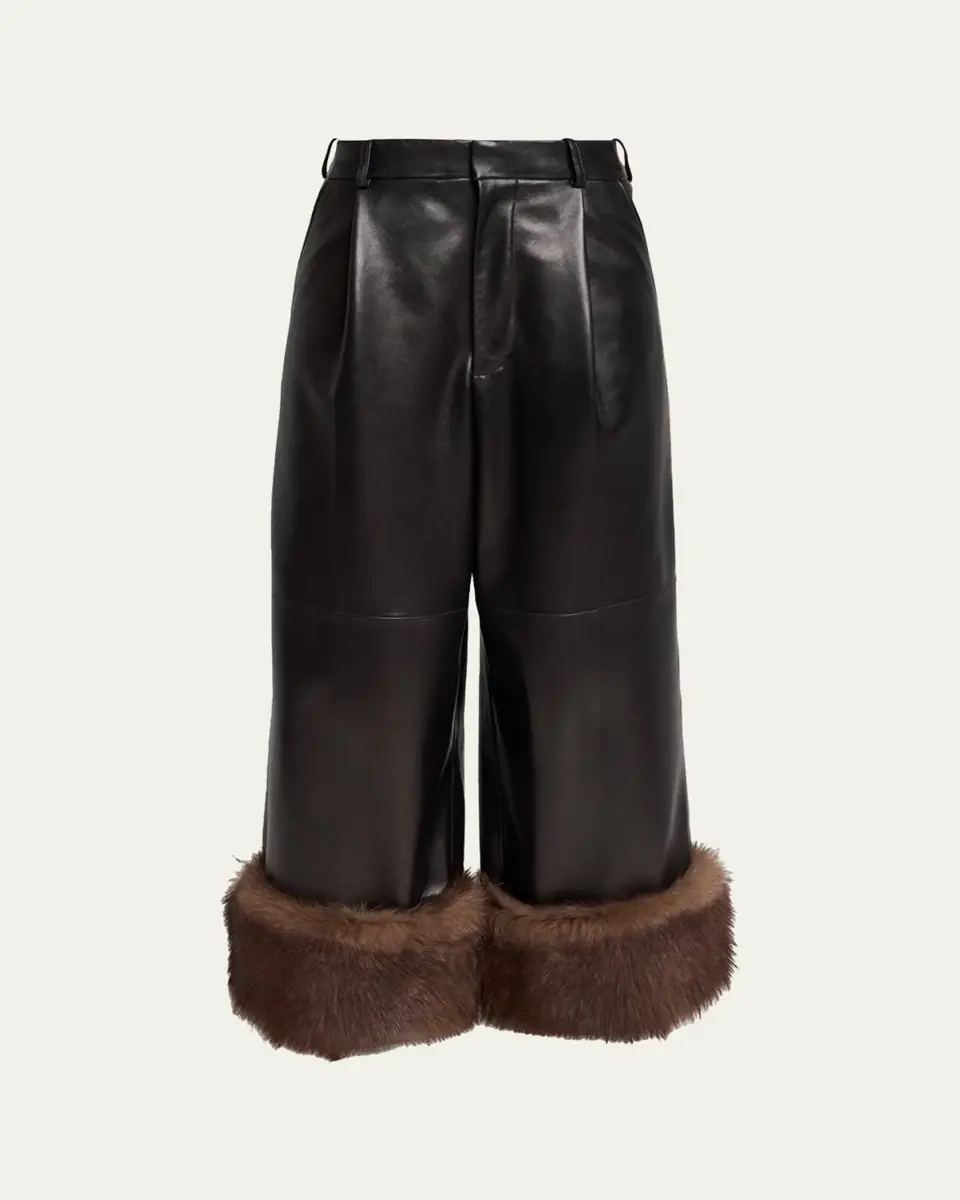 Loewe Turn-Up Shiny Leather Wide-Leg Ankle Trousers With Lamb Shearling Cuffs | Thumbnail 5 Loewe Turn-Up Shiny Leather Wide-Leg Ankle Trousers With Lamb Shearling Cuffs | Thumbnail 5