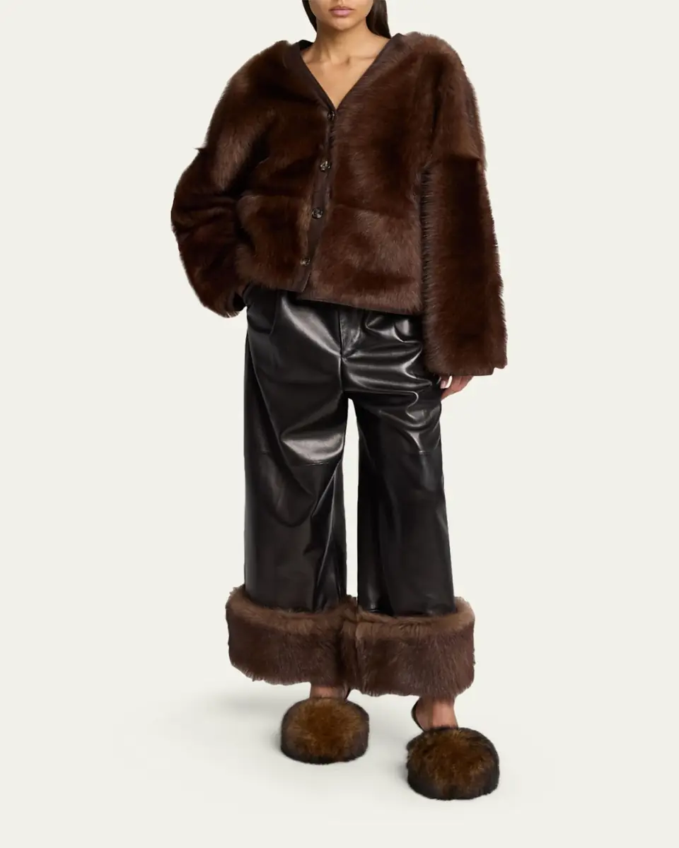 Loewe Turn-Up Shiny Leather Wide-Leg Ankle Trousers With Lamb Shearling Cuffs | Thumbnail 6 Loewe Turn-Up Shiny Leather Wide-Leg Ankle Trousers With Lamb Shearling Cuffs | Thumbnail 6