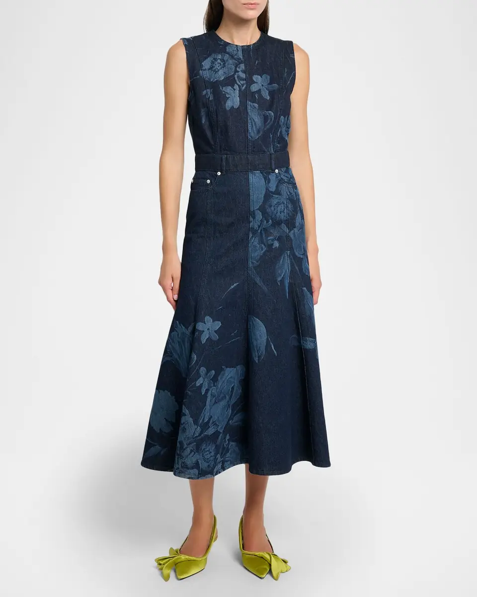 Erdem Floral-Print Denim Sleeveless Flute Midi Dress | Thumbnail 2 Erdem Floral-Print Denim Sleeveless Flute Midi Dress | Thumbnail 2